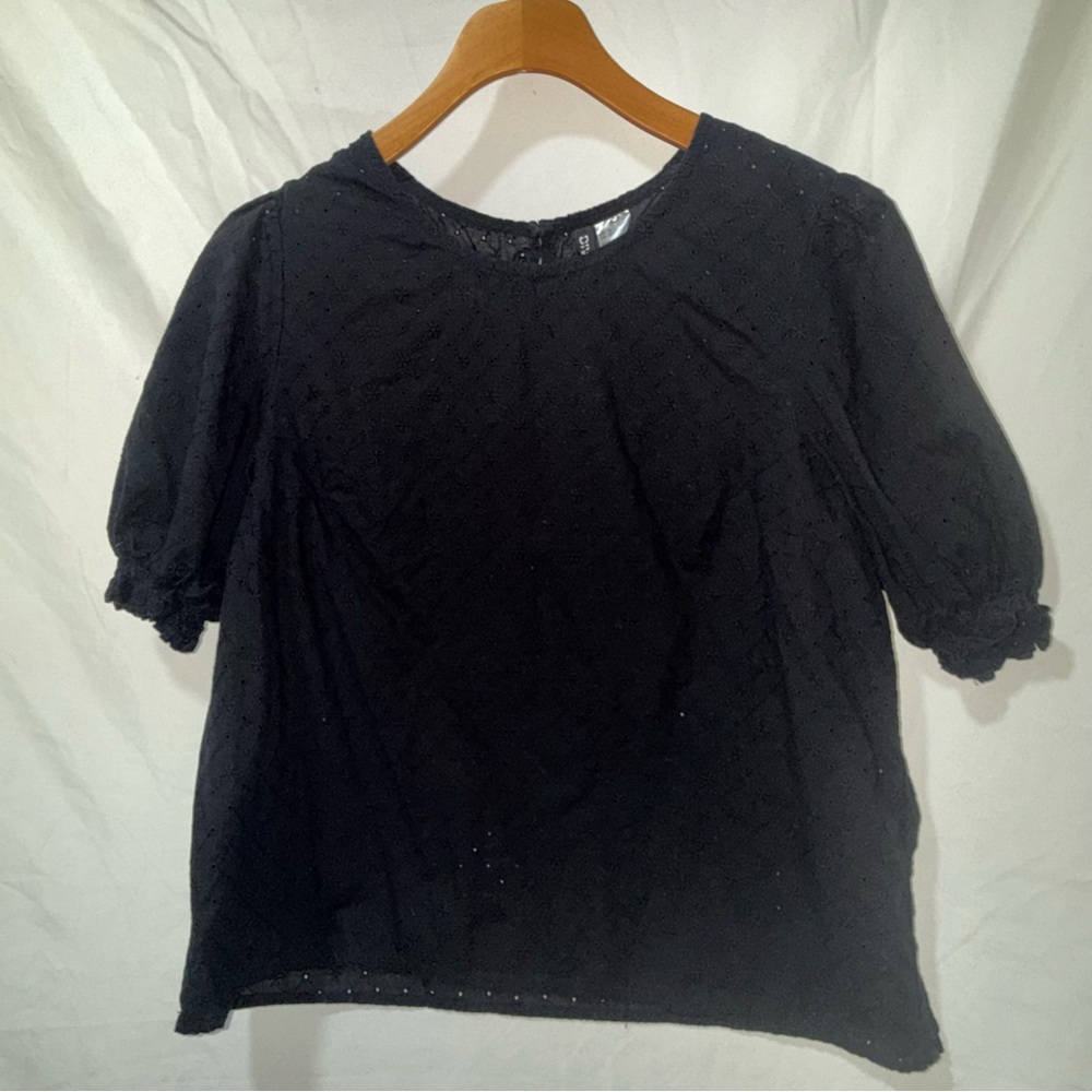 H&M Black Puff Sleeve Eyelet Blouse